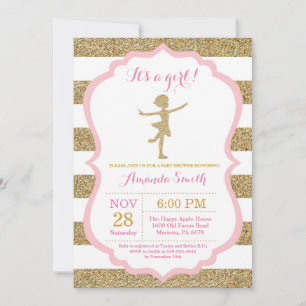 Invitation Ballerine Baby Shower Rose et Paillettes Dorées