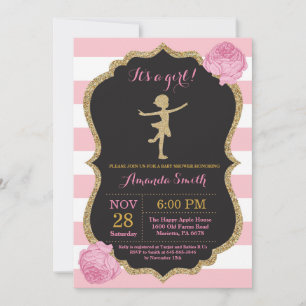 Invitation Ballerine Baby Shower Rose et Paillettes Dorées