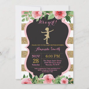Invitation Ballerine Baby Shower Rose et Paillettes Dorées