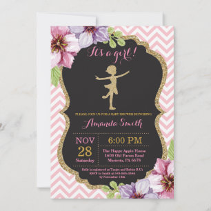 Invitation Ballerine Baby Shower Rose et Paillettes Dorées
