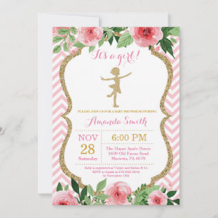 Invitation Ballerine Baby Shower Rose et Paillettes Dorées