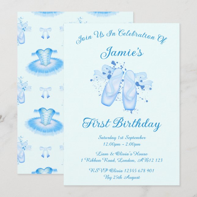 Invitation Ballet bleu Anniversaire Pointe Chaussures (Devant / Derrière)