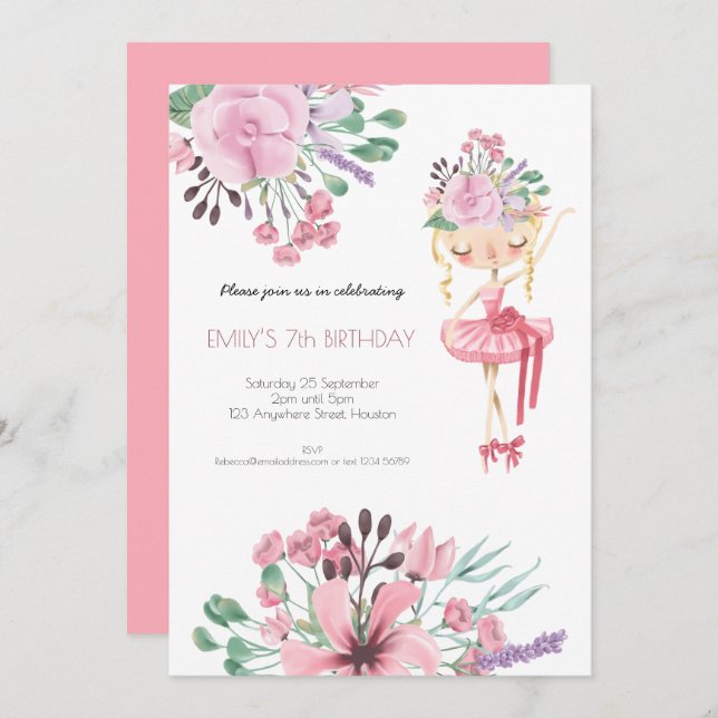 Invitation Ballet Dancer Florals Fille 7e fête d'anniversaire (Devant / Derrière)