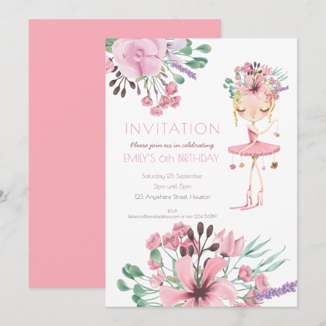 Invitation Ballet Dancer Florals Filles 6e fête d'anniversair (Devant / Derrière)