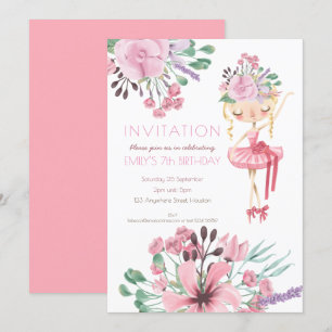 Invitation Ballet Danseuse Fleurs Fille 7e fête d'anniversair