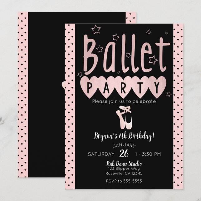 Invitation Ballet rose et noir Ballerina Chic fête d'annivers (Devant / Derrière)