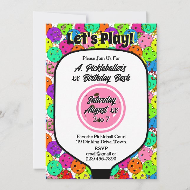 Invitation Balloirs de la fête de Pickleball Confetti Pink Ph (Devant)