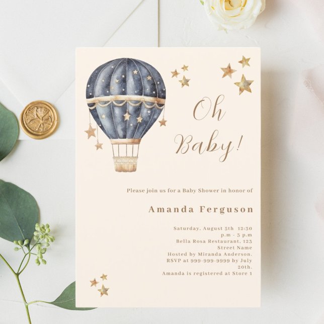 Invitation Ballon à air chaud bleu garçon étoiles Baby shower (Créateur téléchargé)
