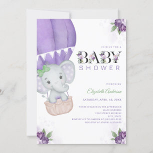 Invitation Ballon à air chaud éléphant Baby shower floral vio