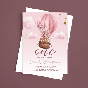 Invitation Ballon à Air Chaud Floral Rose 1er Anniversaire