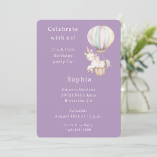 Invitation Ballon à Air Chaud Licorne Violette Anniversaire