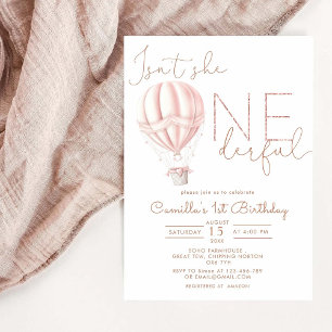 Invitation Ballon à air chaud rose superbement fille 1er anni