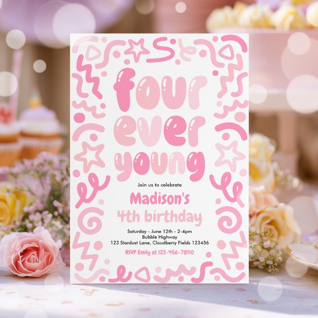 Invitation Ballon à confettis Four Ever Young 4e anniversaire (Créateur téléchargé)