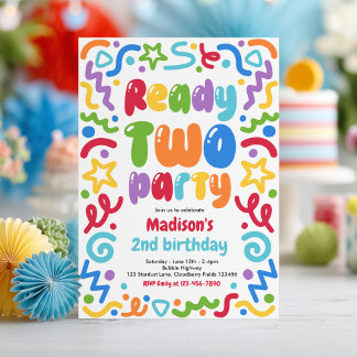 Invitation Ballon à confettis Ready To Party 2e anniversaire