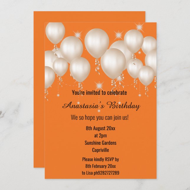 INVITATION BALLON AMUSANT ORANGE CLAIR ANNIVERSAIRE (Devant / Derrière)