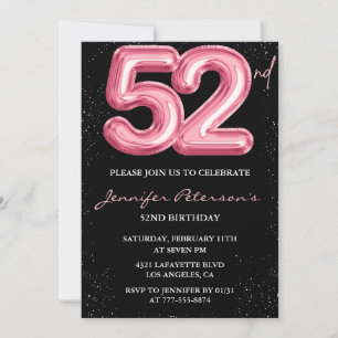Invitation Ballon Black Pink Glam Glitter 52e anniversaire