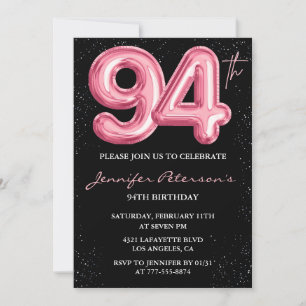 Invitation Ballon Black Pink Glam Glitter 94e anniversaire