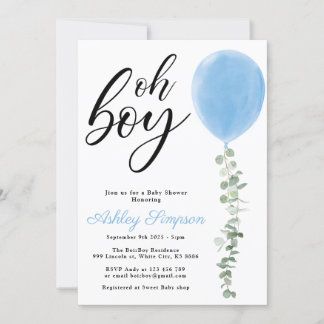 Invitation Ballon bleu Oh garçon baby shower eucalyptus
