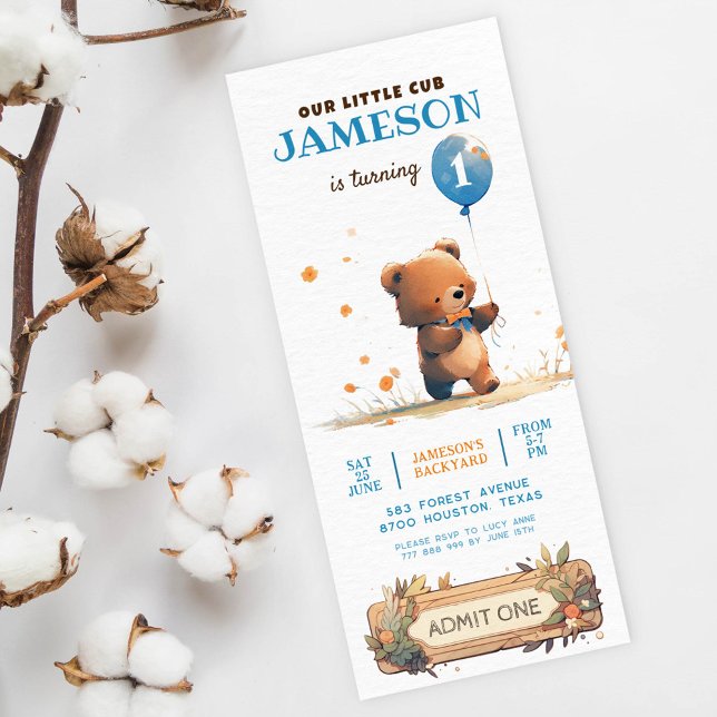 Invitation Ballon bleu ours en peluche Béary premier annivers (Créateur téléchargé)