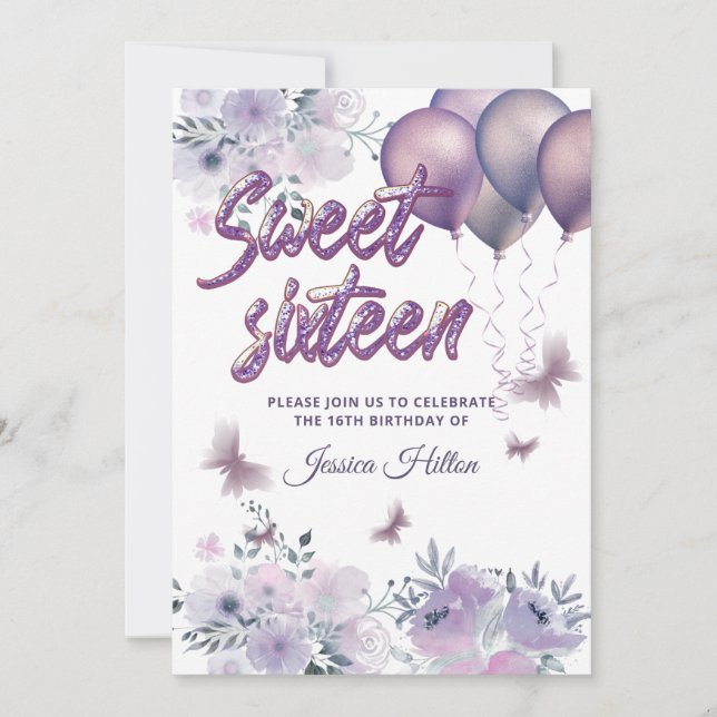 Invitation Ballon chic papillon floral sweet sixteen lilas (Devant)