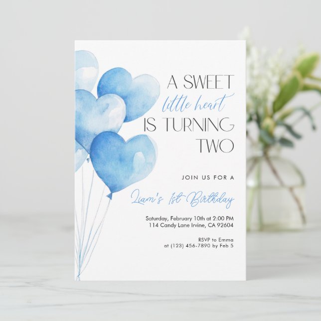 Invitation Ballon Cœur Bleu 2e Anniversaire (Debout devant)