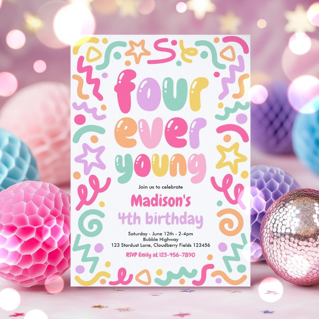 Invitation Ballon confettis Four Ever Young 4ème anniversaire (Créateur téléchargé)