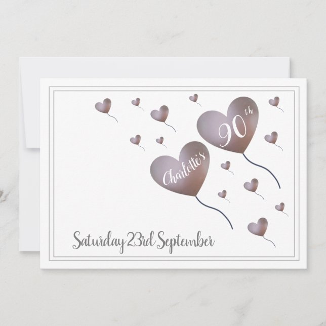 Invitation Ballon de coeur rose et pourpre 90e anniversaire (Devant)