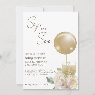 Invitation Ballon Doré avec Champagne & Fleurs Sip and See