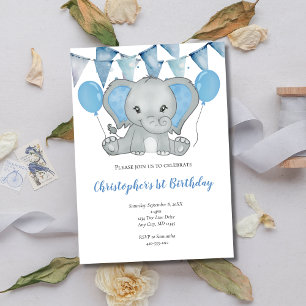 Invitation Ballon éléphant bleu bébé garçon 1er Premier Anniv