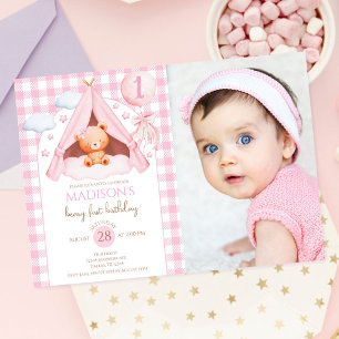 Invitation Ballon en forme d'ours en gingham pour la photo d'