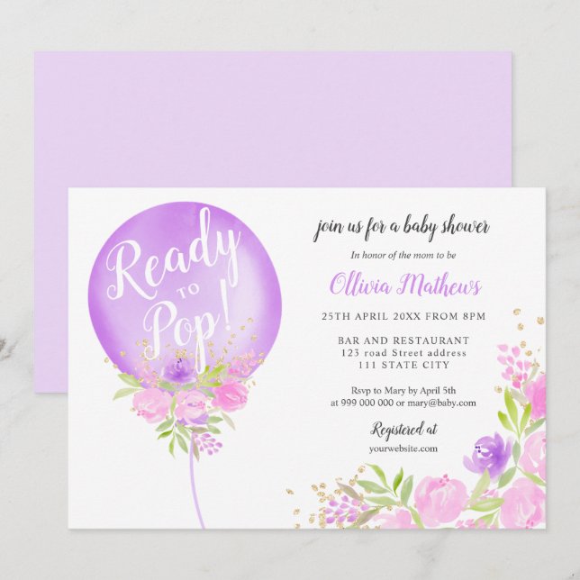 Invitation Ballon fleuri violet prêt à faire sauter le baby s (Devant / Derrière)