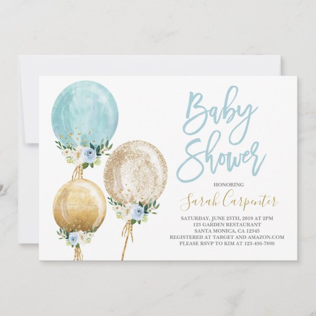 Invitation Ballon floral bleu et or baby shower garçon invit (Devant)