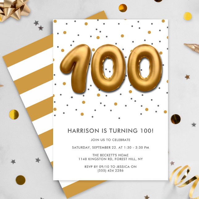 Invitation Ballon Gold Foil moderne 100e anniversaire (Créateur téléchargé)