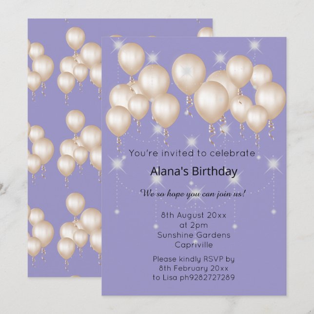 INVITATION BALLON MODERNE ÉLÉGANT LILAC PURPLE ANNIVERSAIRE (Devant / Derrière)