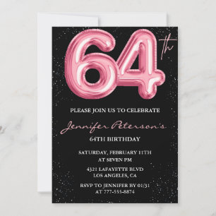 Invitation Ballon noir rose Glam Glitter 64e anniversaire