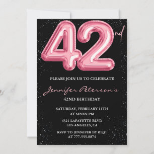 Invitation Ballon Noir Rose Glam Pailleté 42e anniversaire