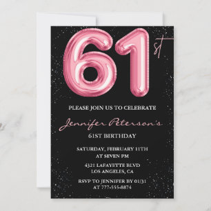 Invitation Ballon Noir Rose Glam Pailleté 61e anniversaire