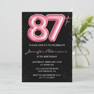 Invitation Ballon Noir Rose Glam Pailleté 87e anniversaire