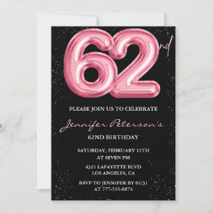 Invitation Ballon Noir Rose Glam Paillettes 62e anniversaire
