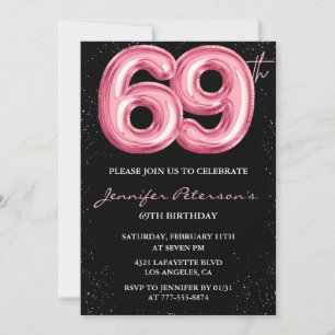 Invitation Ballon Noir Rose Glam Strass 69e anniversaire