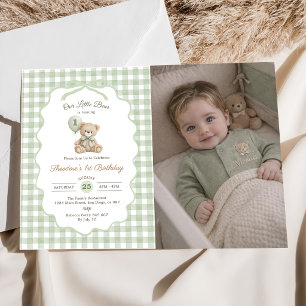Invitation Ballon Ourson en Vichy Vert 1er Anniversaire
