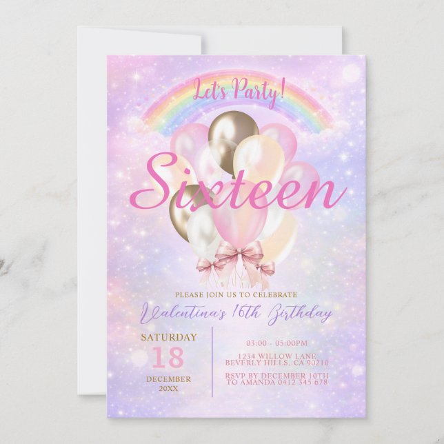Invitation Ballon Pailleté Arc-en-Ciel pour 16e Anniversaire (Devant)