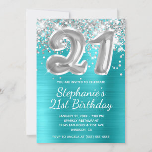 Invitation Ballon Pailleté Argent Turquoise 21e Anniversaire