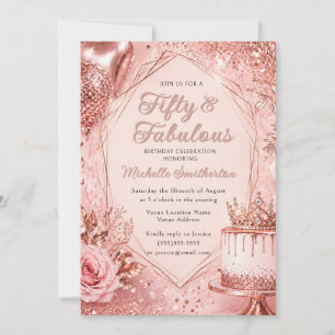 Invitation Ballon Pailleté Rose Gold 50 ans et Joyeux Anniver