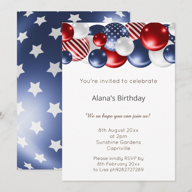 INVITATION BALLON PATRIOTIQUE BLEU ROUGE BLANC 2 ANNIVERSAIRE (Devant / Derrière)