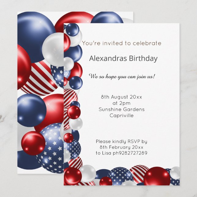 INVITATION BALLON PATRIOTIQUE BLEU ROUGE BLANC 2 ANNIVERSAIRE (Devant / Derrière)