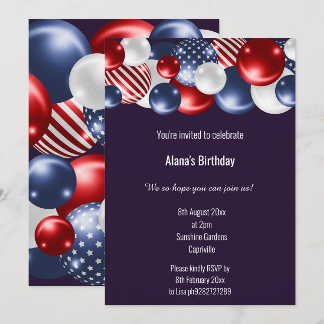 INVITATION BALLON PATRIOTIQUE BLEU ROUGE BLANC ANNIVERSAIRE 2 (Devant / Derrière)