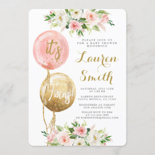 Invitation Ballon rose C'est jumeaux baby showers filles