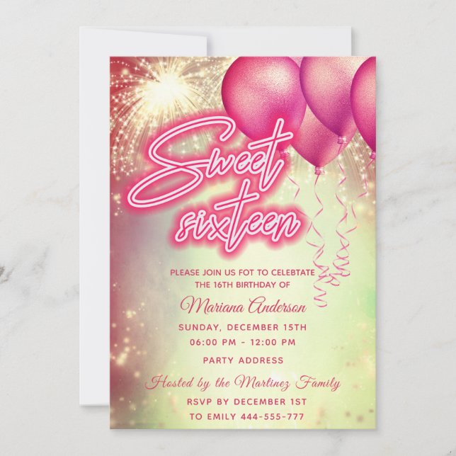 Invitation Ballon rose chaud feu d'artifice or scintillant (Devant)