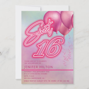 Invitation Ballon rose cool holographique néon doux 16